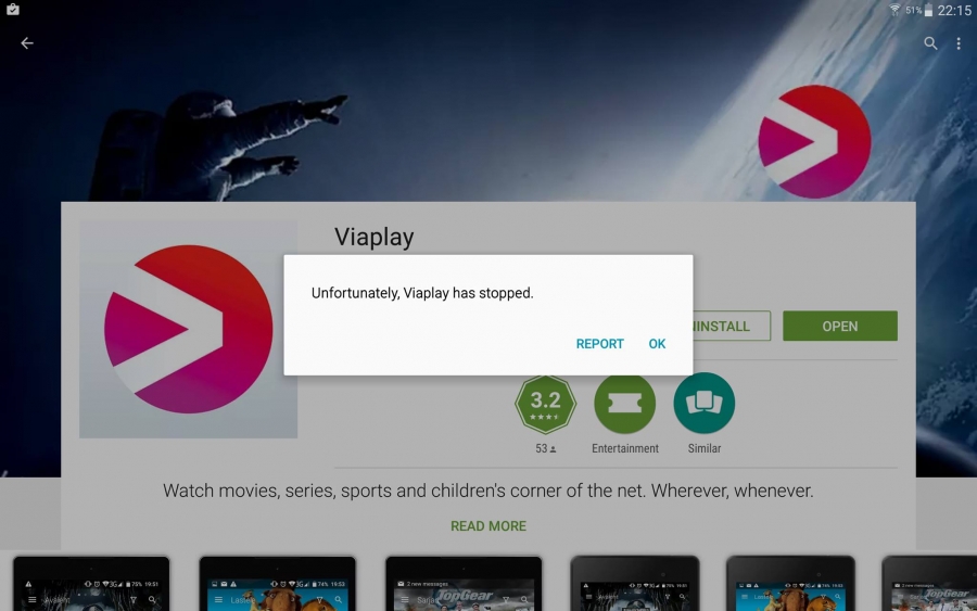 Samsung tablet Viaplay crash