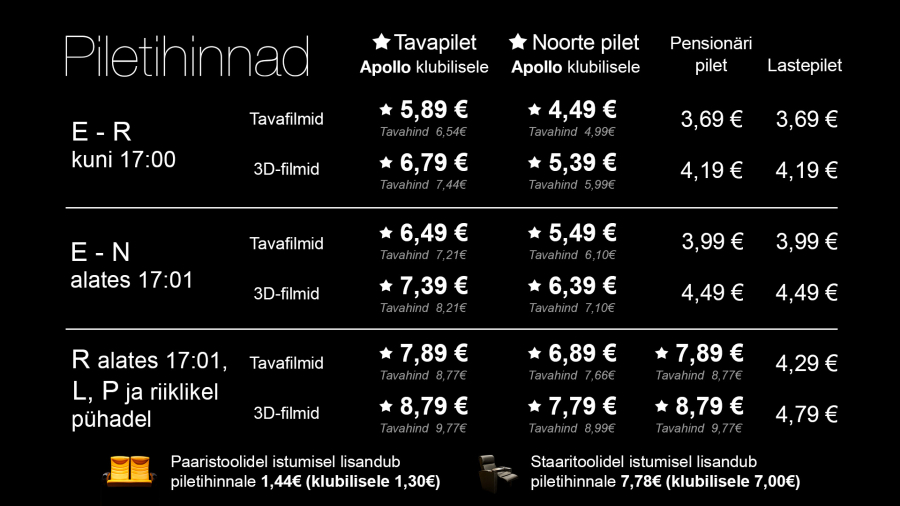 Apollo Mustamäe keskus piletihinnad