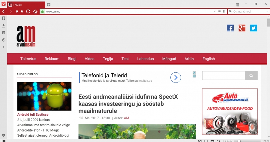 Vivaldi näitab AM.ee lehekülge.