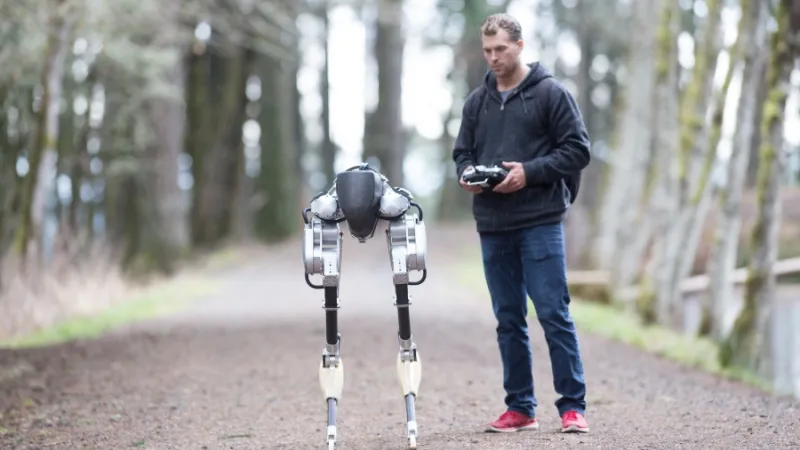 Robot Cassie jalutab inimest.